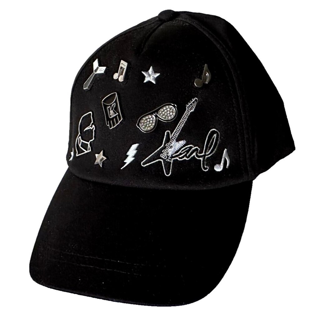 NWT $58 KARL LAGERFELD Logo Adjustable Back Adorned Baseball hat in Black/silver